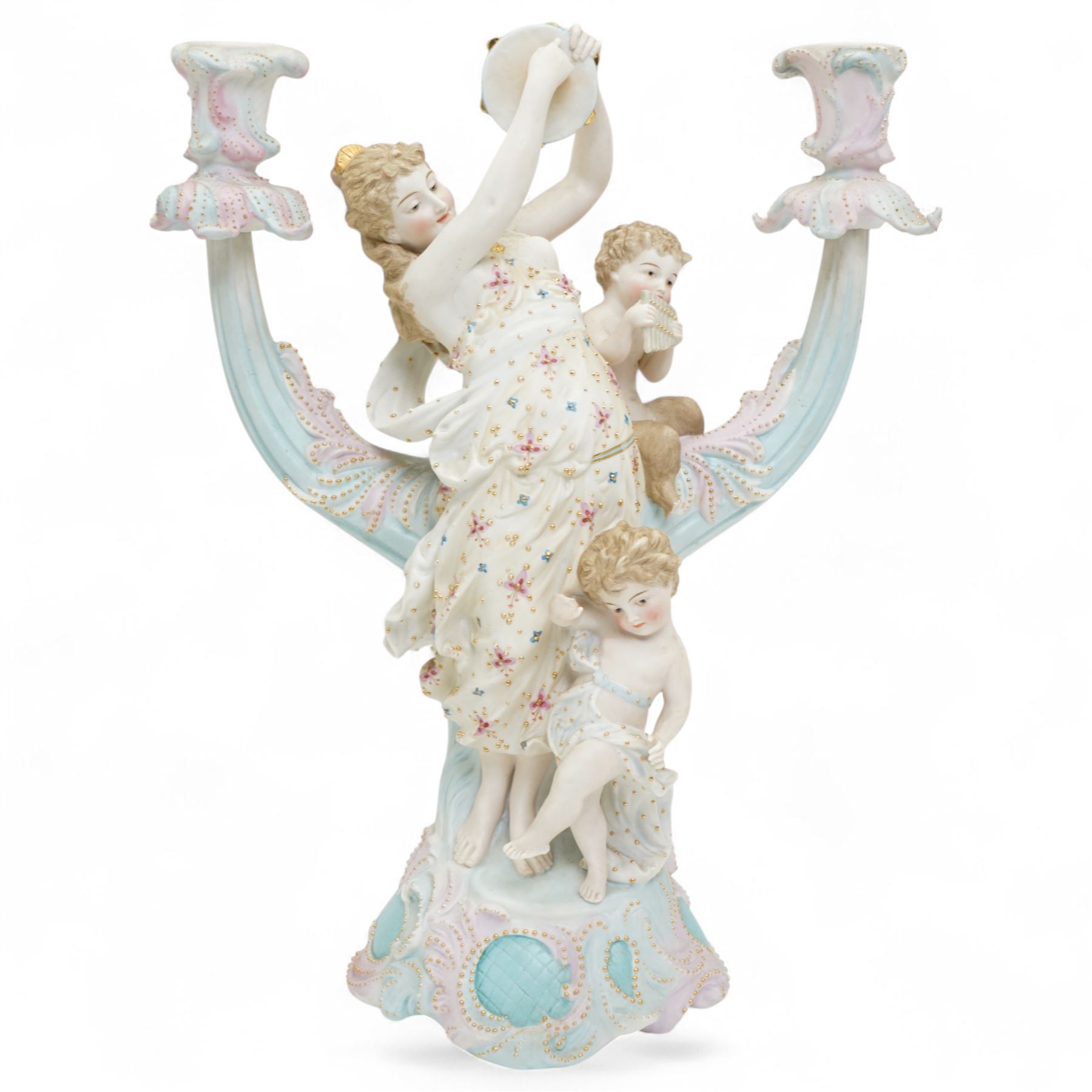 Large continental bisque group of a chariot with horse and two figures 30cm x 31cm and a pair of bisque two branch candelabra with female musicians and cherubs H32cm