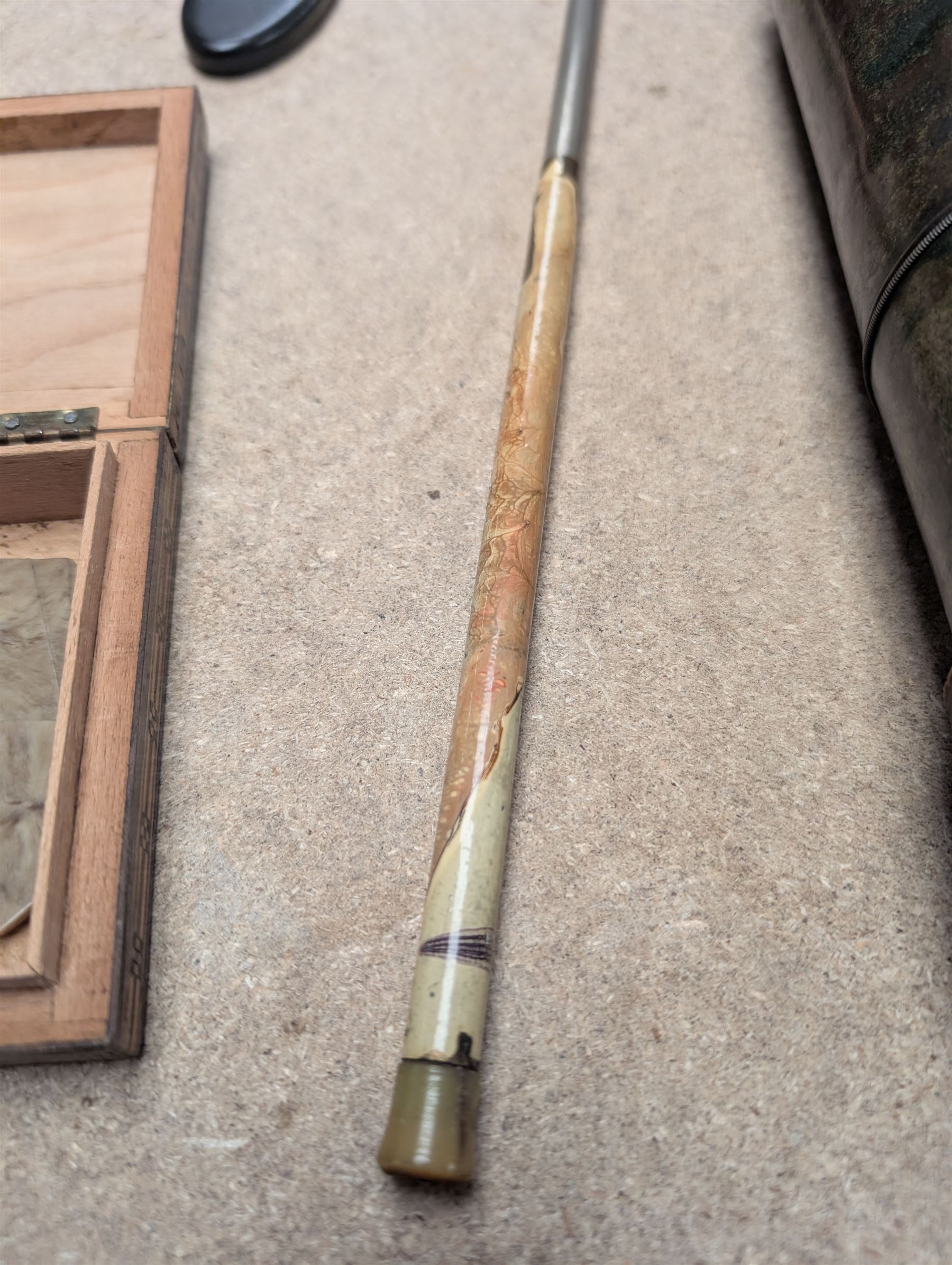 Five draw brass telescope, ebony hand mirror with silver initial, telescopic cheroot holder, buckles and two walking sticks
