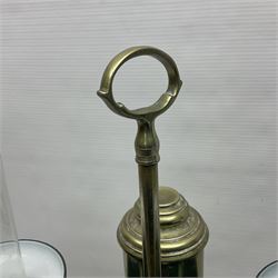 Miller & Sons Piccadilly polished brass double adjustable student's oil lamp, with green glass shades, H52cm