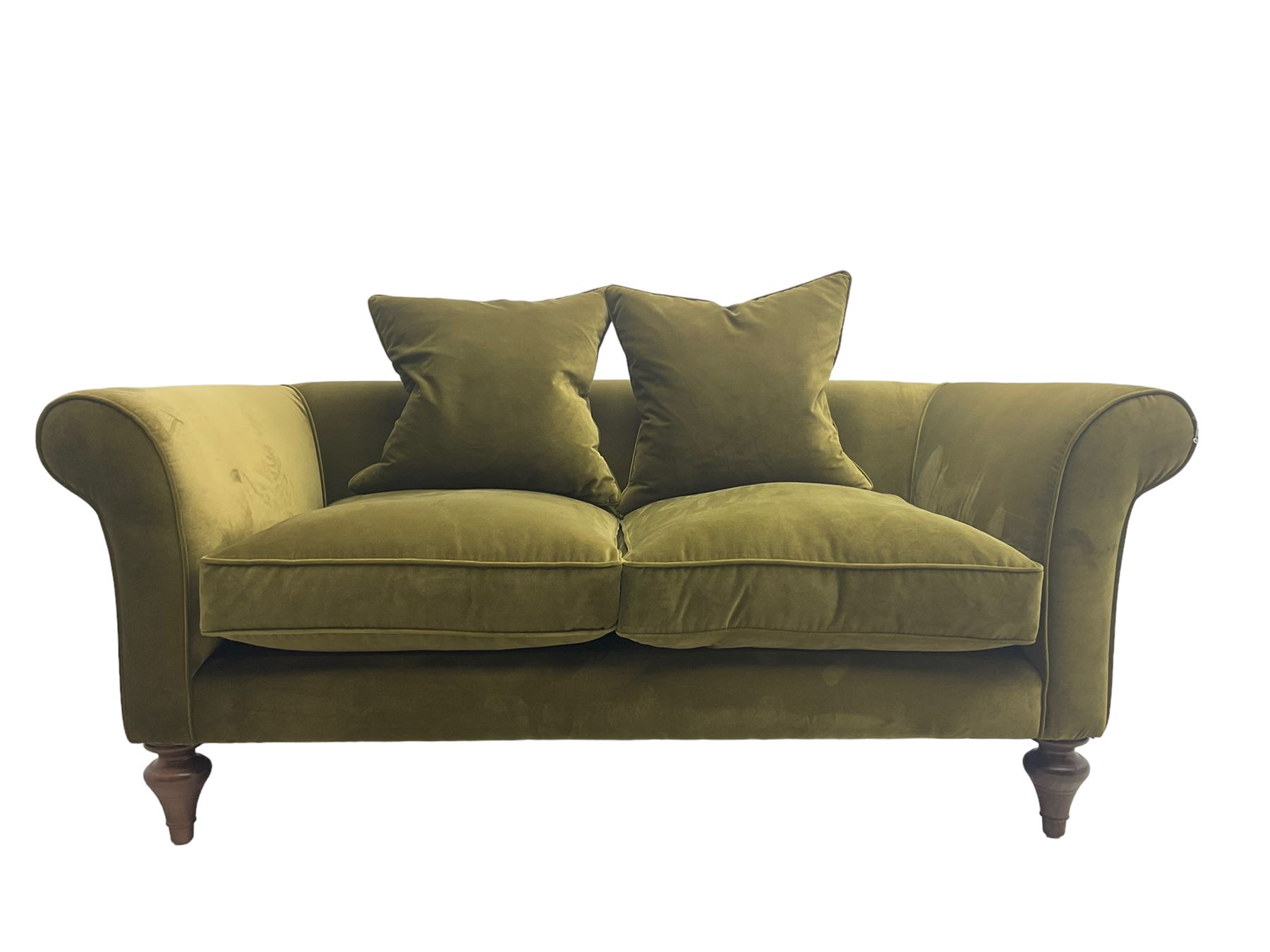 Sofas & Stuff - 'Clavering' two seat sofa upholstered in olive green velvet, scrolled arms, on turned front supports, with matching scatter cushions