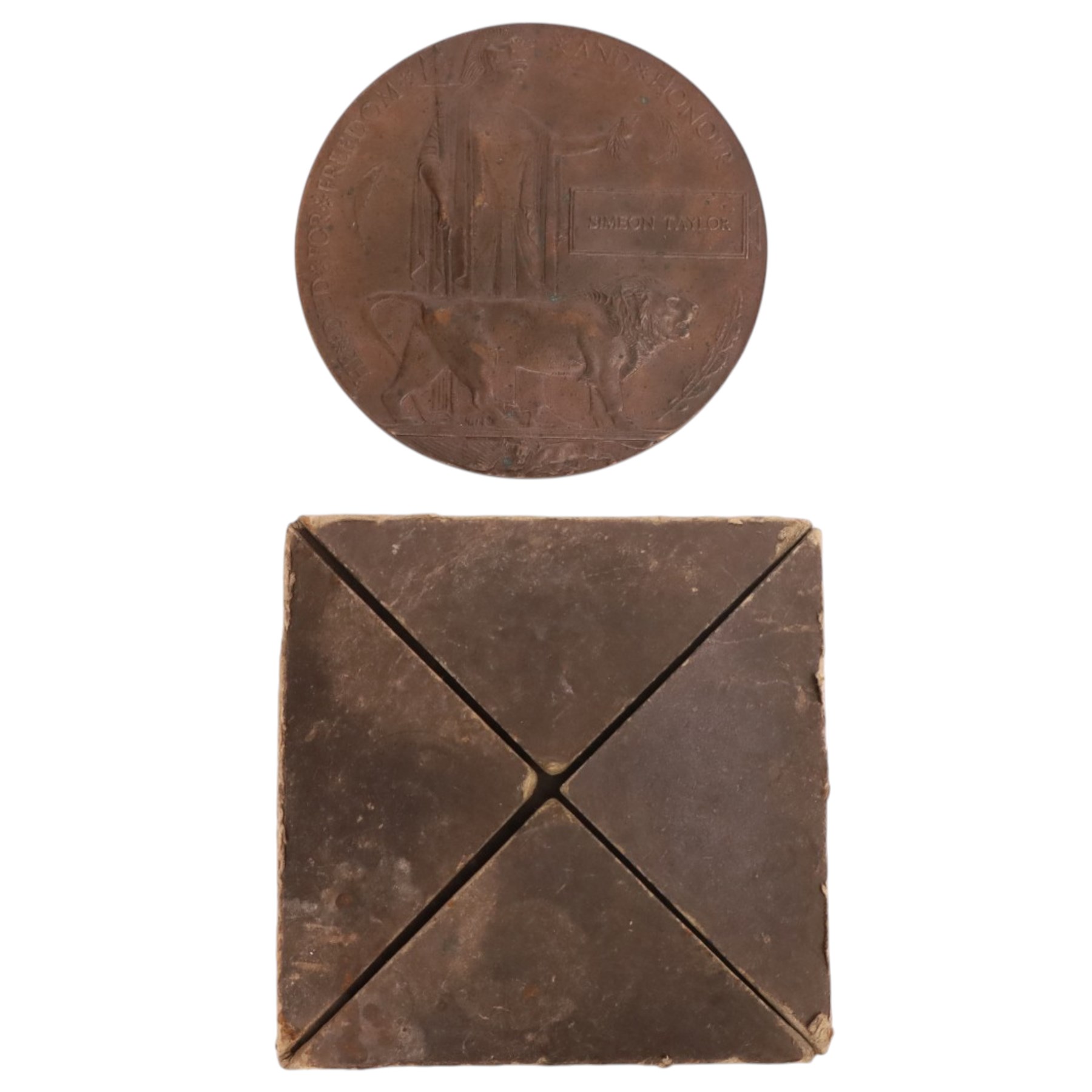 WWI death plaque awarded to Simeon Taylor, in original envelope  