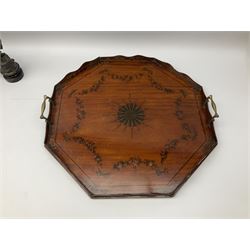 Mahogany tray of octagonal form decorated with painted floral swags and roses, with brass twin handles, together two walnut picture frames, two bronzed figures, other carved wood figures etc