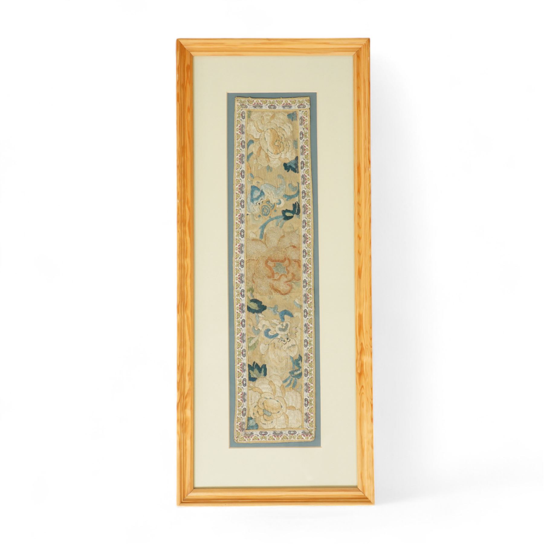 Collection of embroidered Chinese silk tapestries and collars, 19th century and later, all framed, largest 54cm x 34cm (5)