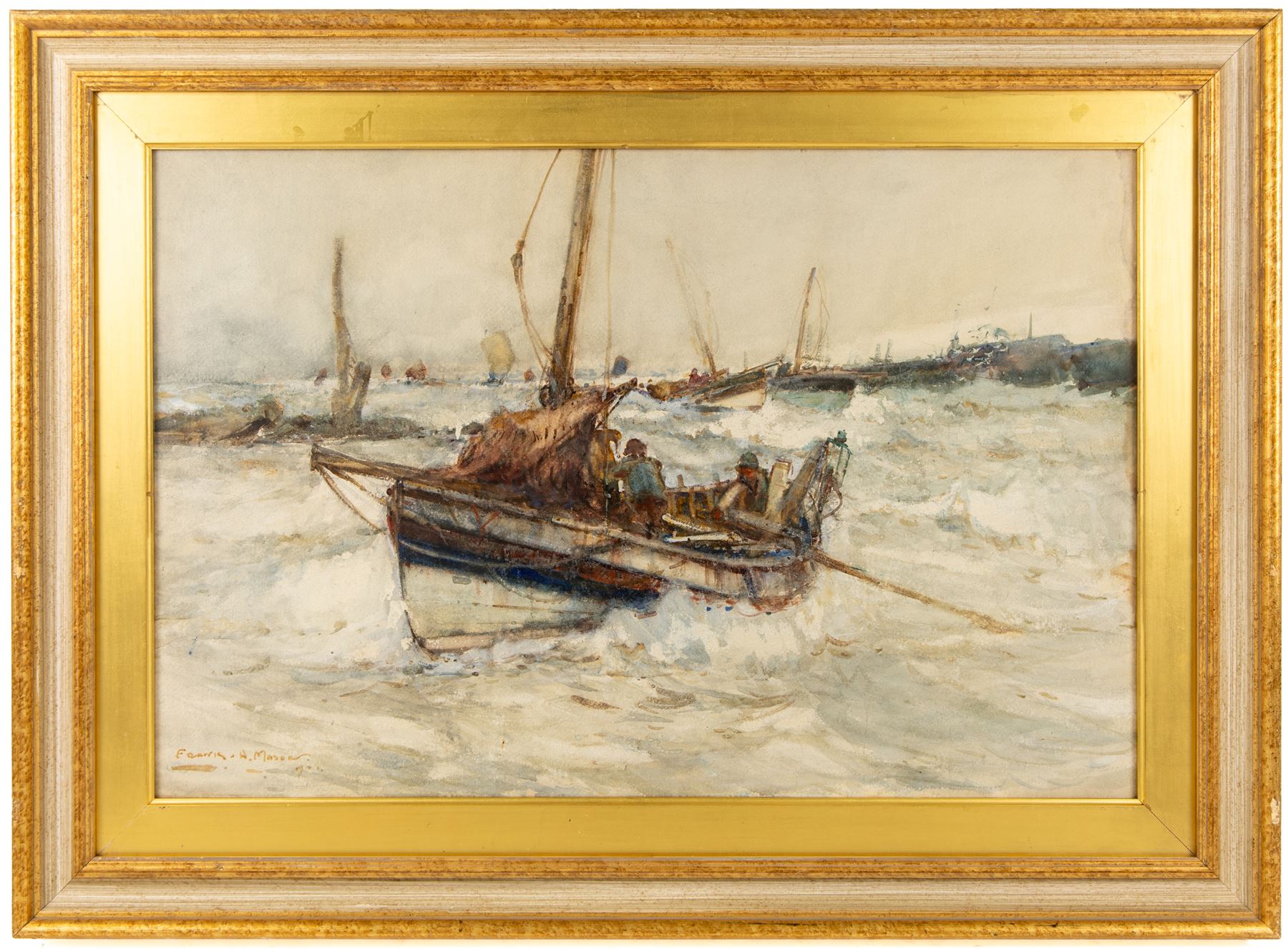 Frank Henry Mason (Staithes Group 1875-1965): 'A Perilous Coble', watercolour laid on to canvas signed and dated 1901, titled on the stretcher verso 49cm x 75cm