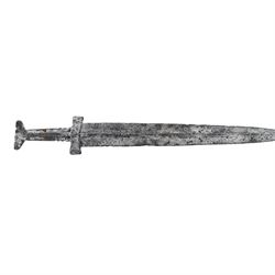13th-6th century BC, two daggers of triangular shape with shallow fuller tapering to a pointed tip and raised midrib, short straight quillons, largest L55cm