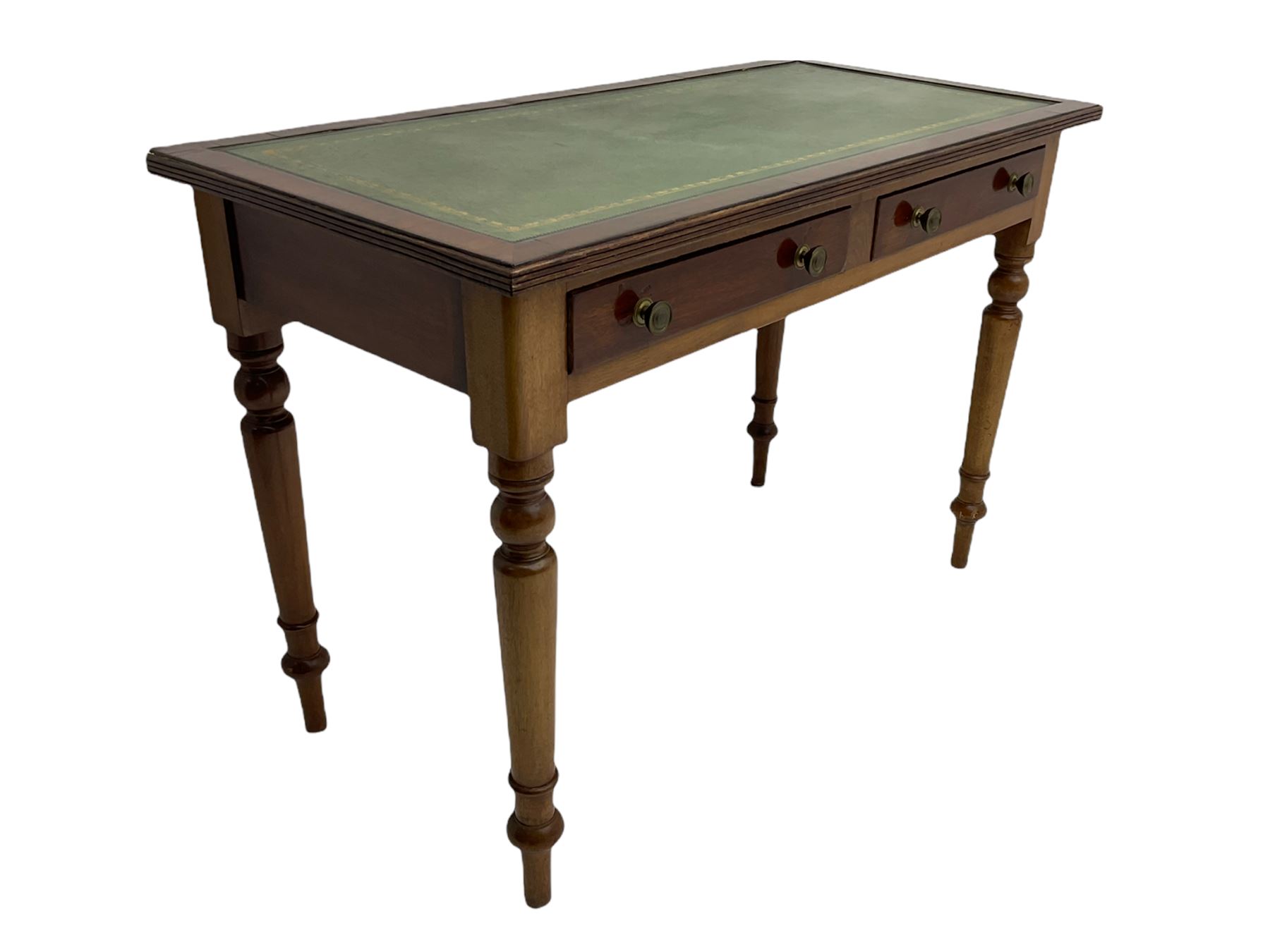 20th century mahogany writing table, inset leather top, fitted with two drawers