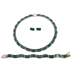  Silver malachite necklace, and bracelet both stamped 950 and matching clip on ear-rings   