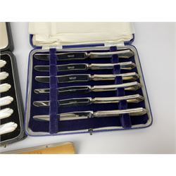 Cased set of six silver handled knives, hallmarked Mappin and Webb, Sheffield 1850, together with silver propelling pencil, with engine turned decoration, by Yard of Led, hallmarked city mark worn and indistinct, together with six cased silver plated knives with mother of pearl handles.  
