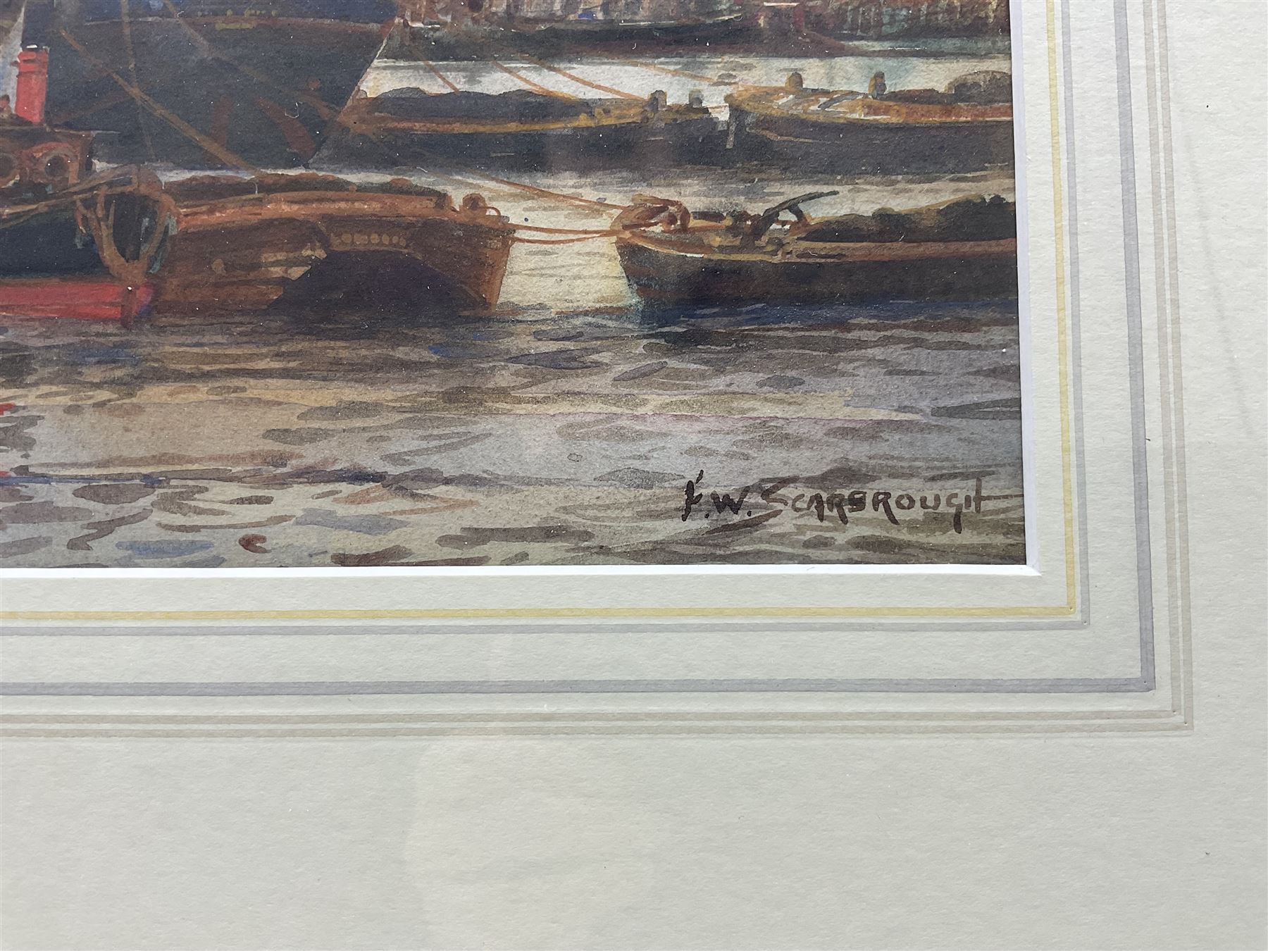 Frederick William Scarborough (British 1860-1939): 'The Pool of London and Tower Bridge', watercolour signed and titled 34cm x 72cm 