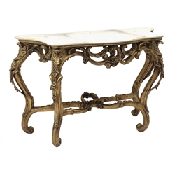 Chippendale style gilt serpentine marble top consol table,  on C scroll, acanthus and floral supports joined by stretchers, W130cm, H84cm  