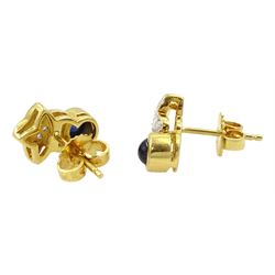 Pair of 18ct gold sapphire and diamond earrings, each stud pave set with round brilliant cut diamonds, suspending a single cabochon cut sapphire, stamped 750