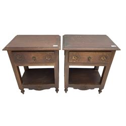 Pair of Portuguese two-tier bedside tables, rectangular top over single drawer with rose carved facia, raised on turned supports united by stretcher