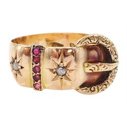 Early 20th century 9ct rose gold rose cut diamond and garnet buckle ring, Chester 1911