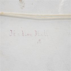 English porcelain plaque depicting Haddon Hall, with painted title and 'R' signature verso, overall 25.5cm x 35cm 