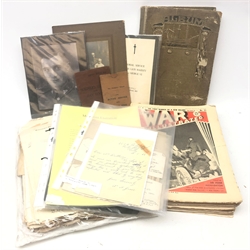  Paper ephemera of military interest including letters etc relating to WW1 Government Aircraft and Bombardment Insurance Scheme, photographs of Mussolini's Execution, album of WW1 postcards including Bamforth Song cards, Soldier's Service and Pay Book, quantity of War Illustrated periodicals etc  