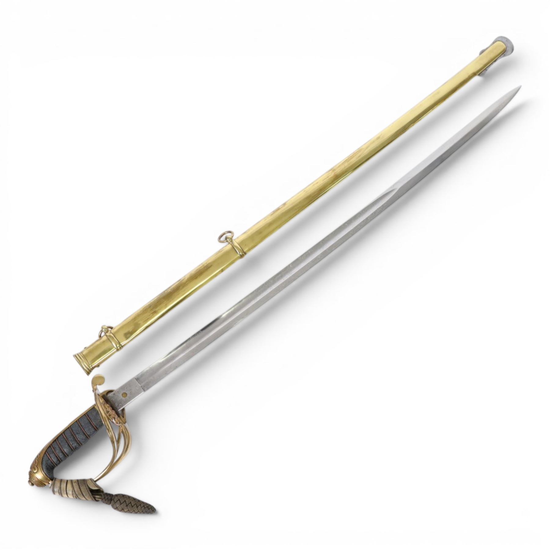 British 1822 pattern, named, infantry officers' sword, the 82cm slightly curved and fullered single edged blade engraved on both sides, bears the Victorian coat of arms and the owners initials 'GB', ricasso marked Grindlay & Co London, the brass basket guard with Victoria cartouche and fold down rear flap, shagreen bound grip with original wire binding and gilt sword knit, with brass scabbard, twin suspension rings and steel chape mount, overall L102cm  