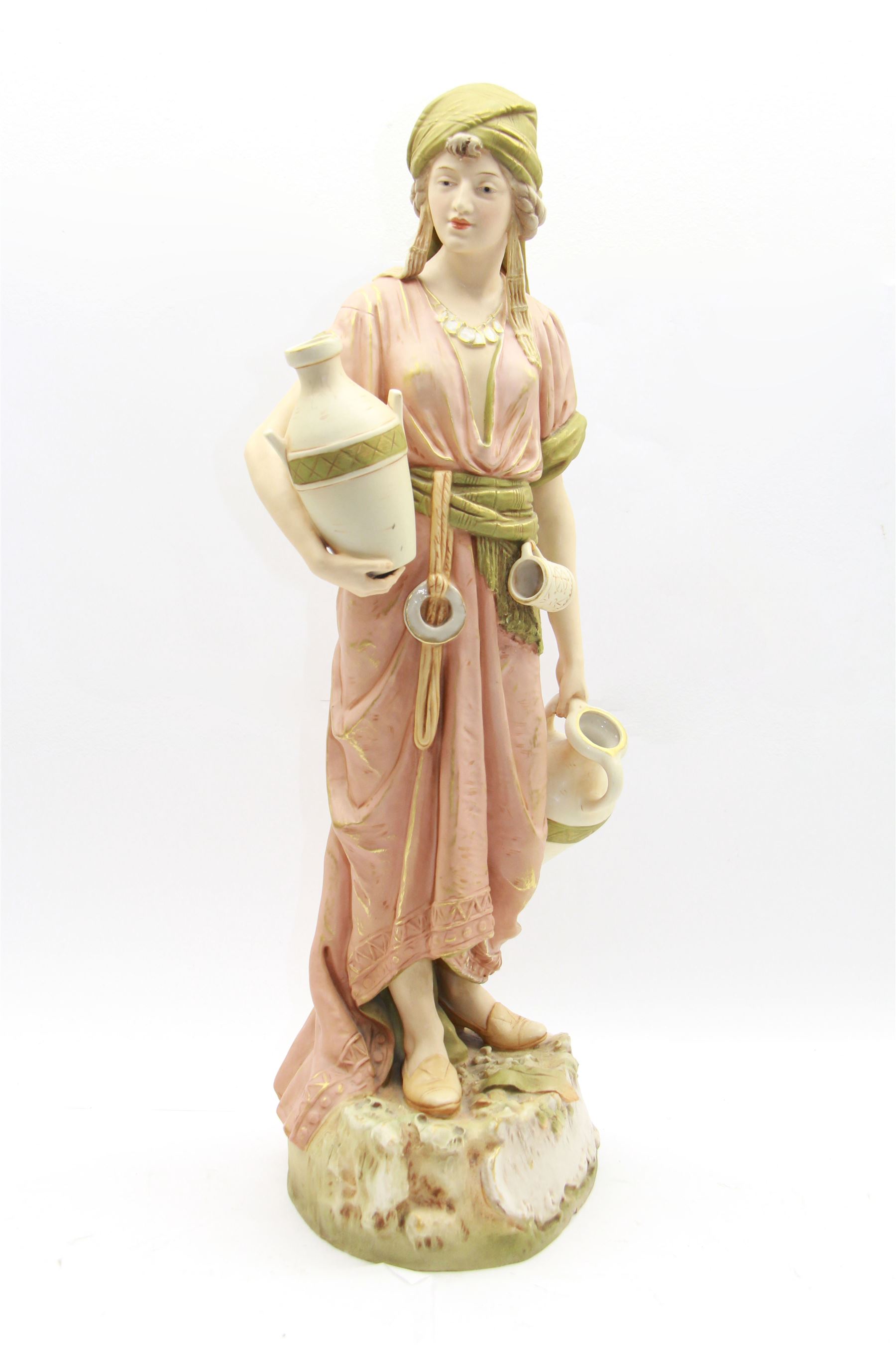 Royal Dux figure no. 686, modelled as a female water carrier, carrying two urns and wearing flowing green and pink robes, with applied pink triangle mark beneath, H61cm