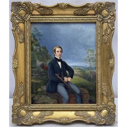 Anne MJ Dodsley (British exh.1872): Portrait of a Victorian Gentleman Seated with Sporting Gun, oil on board signed and dated 1864, 25cm x 20cm 
Notes: the artist is listed as having exhibited a still life of fruit at the Dudley Gallery, London in 1872.