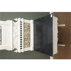  Late 19th century cast iron hall stand, raised mirror and tiled back, marble top, ornate supports on sledge feet, W59cm, H173cm, D48cm  