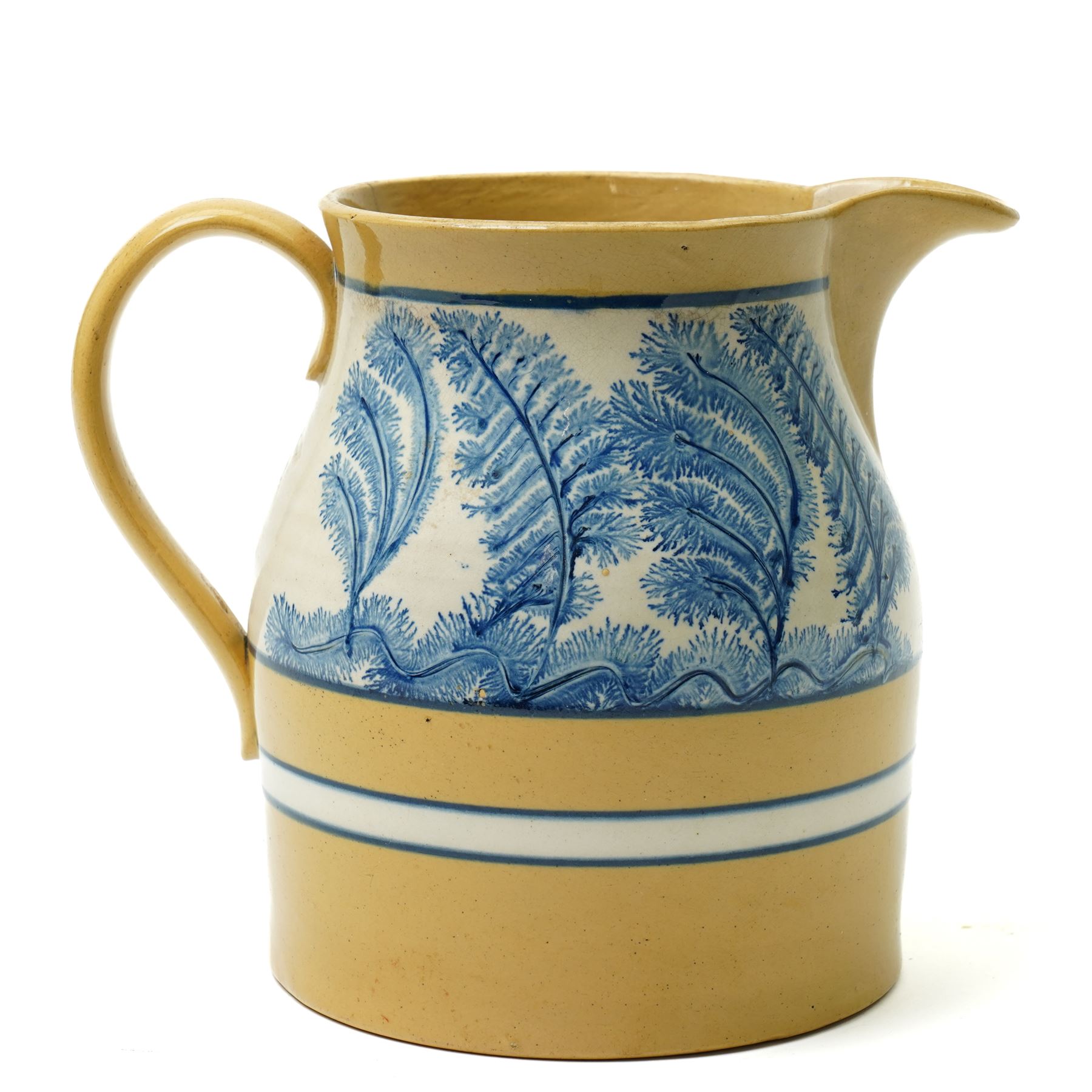 Late 19th century mocha ware jug, the yellow ground with cream and blue bands, and with typically decorated collar H18.5cm  