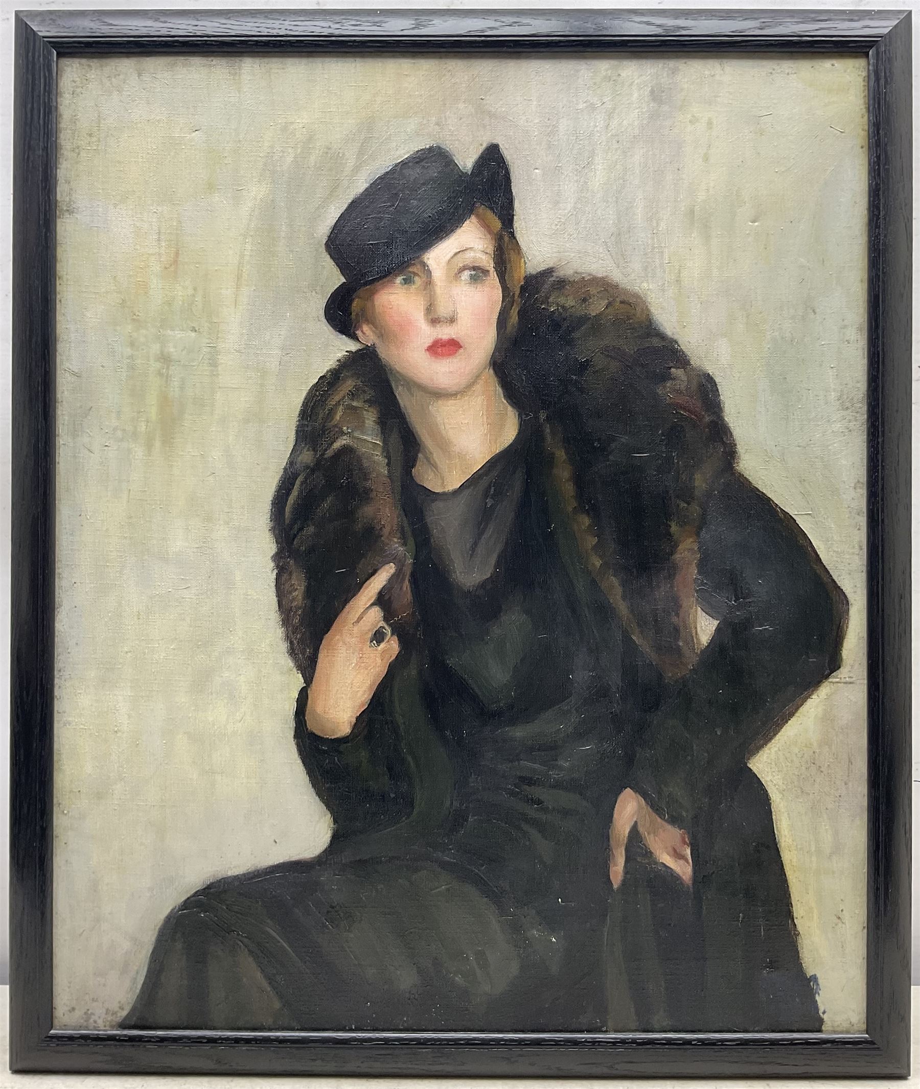 SEM (British early 20th century): Art Deco Portrait of a Lady, oil on canvas signed and dated 1934, 60cm x 50cm