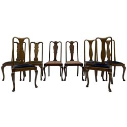 Matched set of fourteen early 20th century mahogany dining chairs, shaped cresting rail over shaped splat, upholstered drop-in seat, on cabriole front supports 