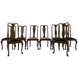 Matched set of fourteen early 20th century mahogany dining chairs, shaped cresting rail over shaped splat, upholstered drop-in seat, on cabriole front supports 