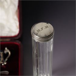 Set of four Edwardian pierced silver salts and matching mustard pot, all with blue glass liners Birmingham 1901 Maker William Devenport, cased, together with a pair of similar pepperettes 1900 Maker Walker & Hall, Georg Jensen sterling silver cauldron shape salt on ball feet, plated coaster, plated salt and silver topped jar