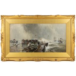 Frank Henry Mason (Staithes Group 1875-1965): 'After the Gale - Whitby', watercolour signed and titled, further titled on original Hare & Whitley label verso 38cm x 75cm in original gilt frame 
Provenance: purchased by Dr C.H. Tattersall from Hare & Whitley c.1906 and thence by descent through the family; never since been on the open market.