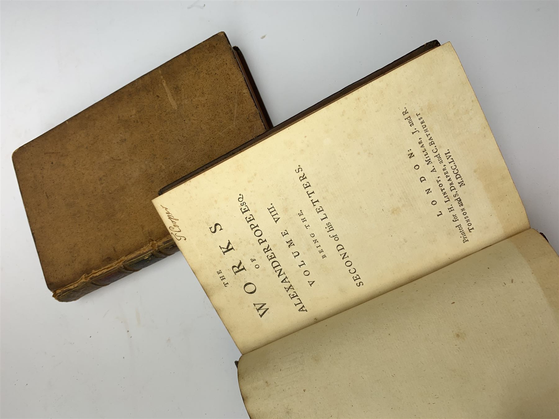 The Works of Alexander Pope. 1756. Nine volumes. Octavo. Full calf leather binding with gilt panelled spine.