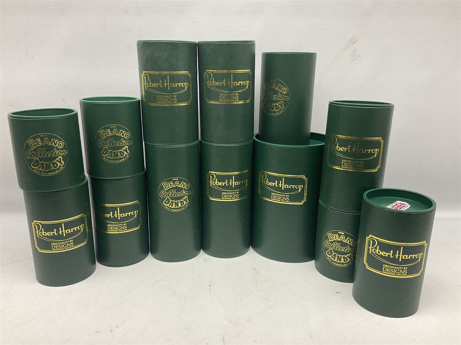Thirteen Robert Harrop figures from the Beano Dandy collection, comprising Yo-Yo Collectors Piece 1996, Desperate Dan BD03, Cuthbert Cringeworthy BD08, Teach BD06, 'Erbert BD14, Toots BD12, Winston BD17, Fatty BD07, Dennis The Menace BD01, Dennis the Menace Fishing BD806, Sydney BD13, Wilfrid BD15 and Plug BD11