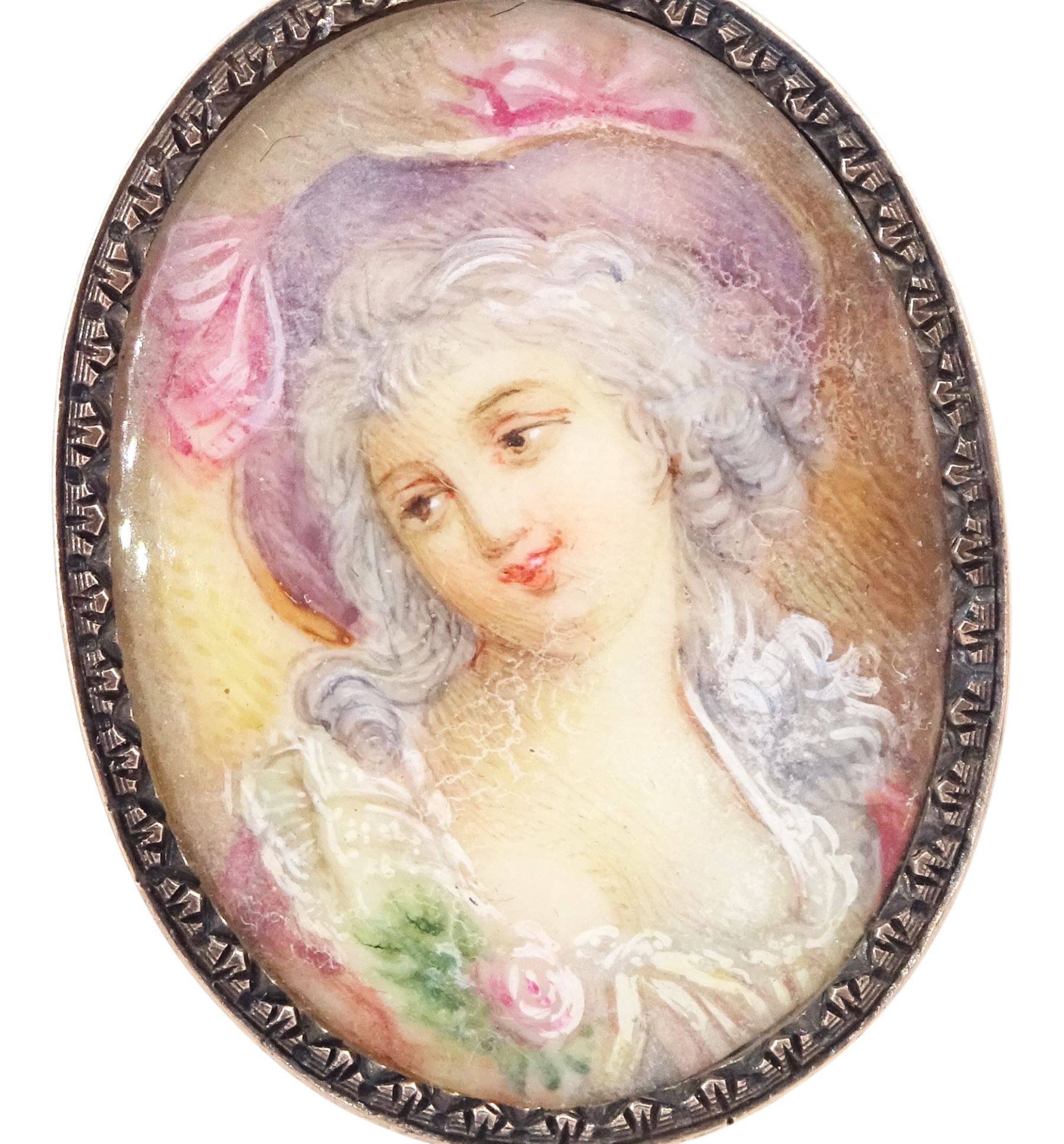 19th/ early 20th century French portrait brooch, set with an oval miniature of a woman on ivory and a 9ct gold cameo pendant. This lot has been registered for sale under Section 10 of the APHA Ivory Act