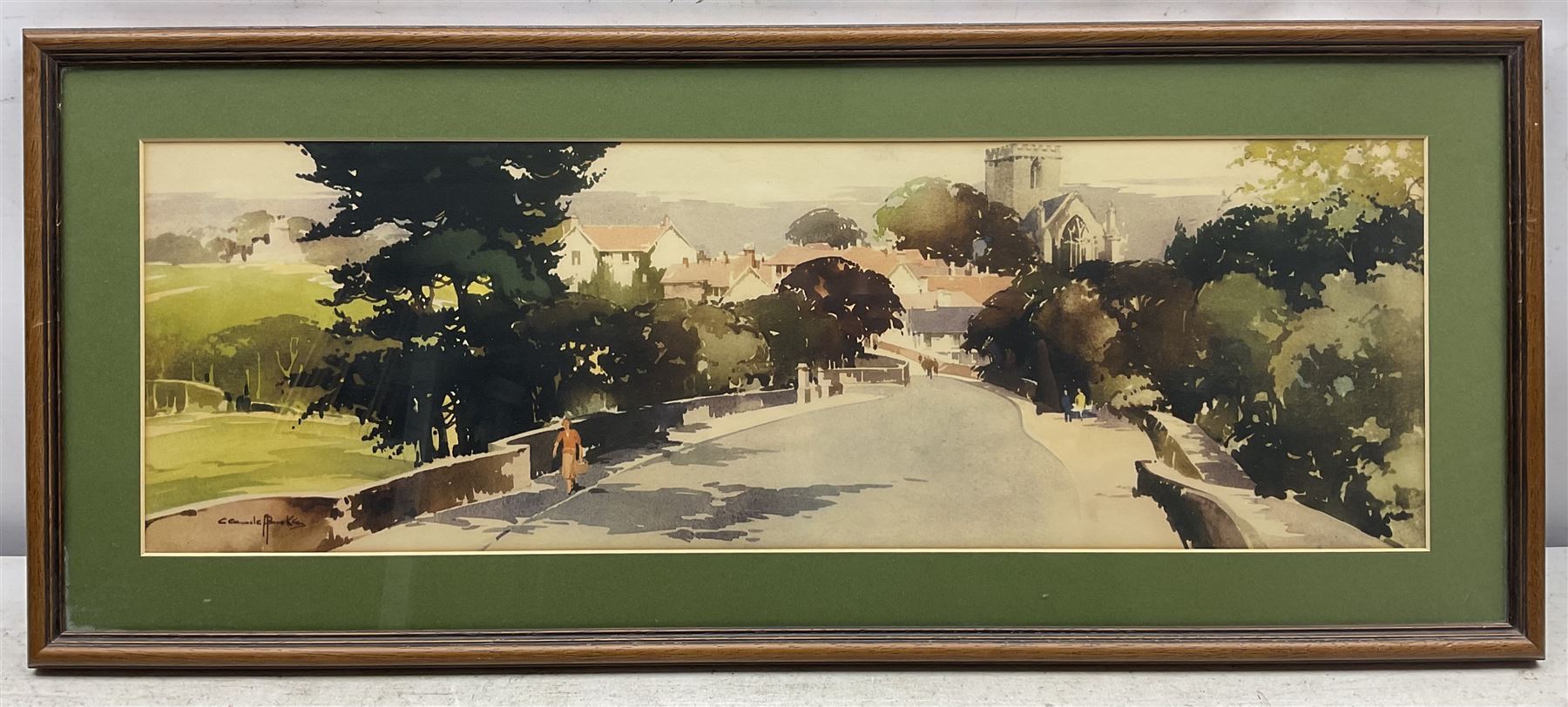 After Claude Buckle (British 1905-1973): 'Bedford', 'Litchfield Cathedral' and 'St Asaph'. set of three carriage prints 18cm x 58cm (3)