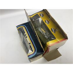 Corgi - die-cast model of James Bond Aston Martin DB5 No.271 with silver body and red interior, gold bumpers and four-spoke wheels, James Bond and two bandit figures; original window box with header card; and Dinky Shado 2 Mobile with one missile No.353; in window box (2)