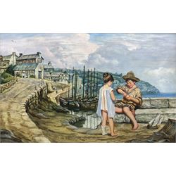 Frank Lonsdale (British 20th century): Children on the Harbourside, oil on board signed and dated 1969, 38cm x 60cm