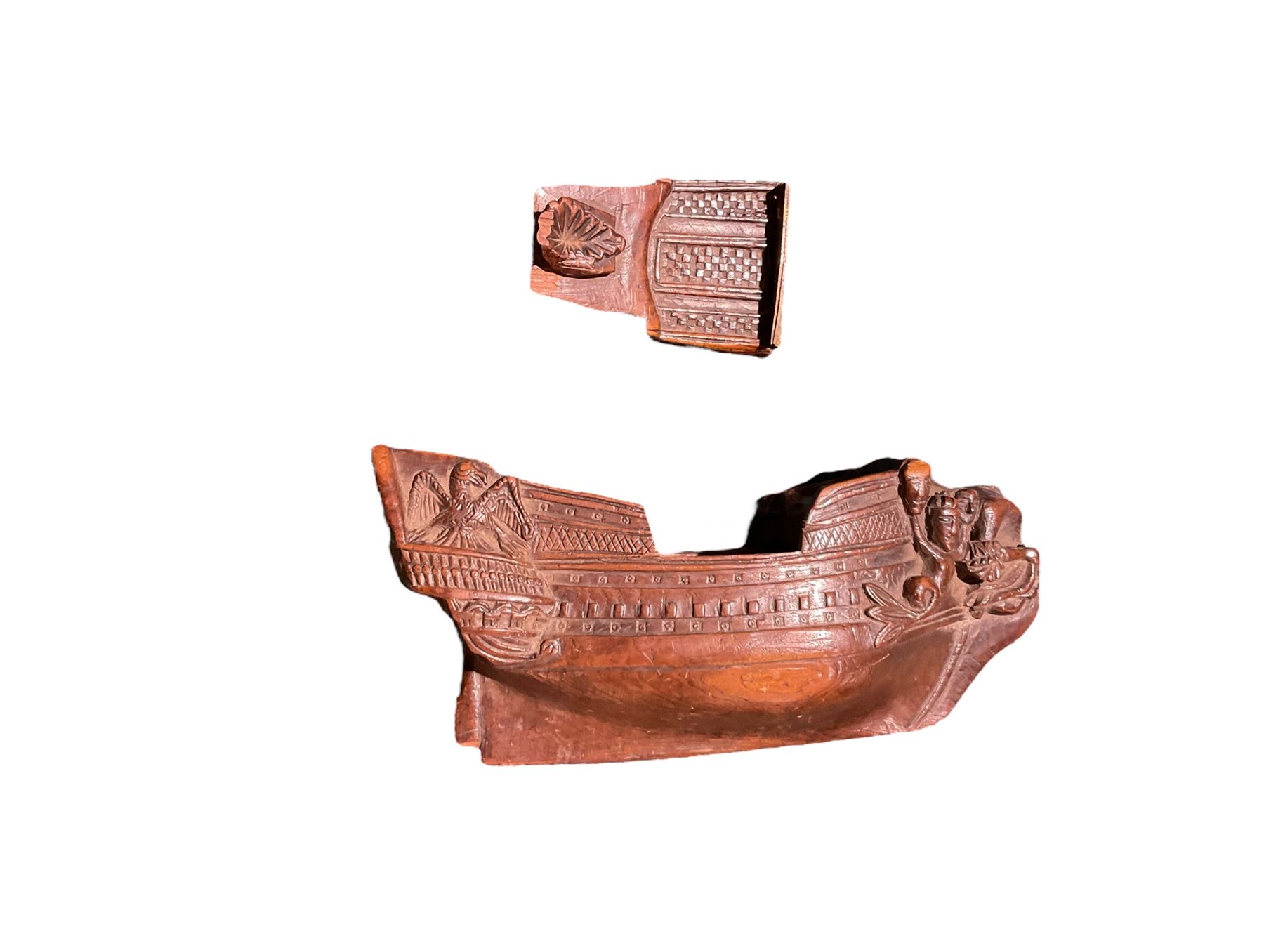 19th century treen snuff box in the form of a ship, with carved detail including windows and mythical figures, L15cm, H6cm