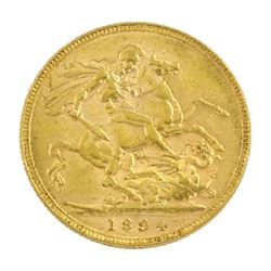 Queen Victoria 1894 gold full sovereign coin