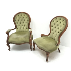 Victorian walnut framed ladies and gents armchairs, upholstered in a deep buttoned lime fabric, cabriole feet, W67cm