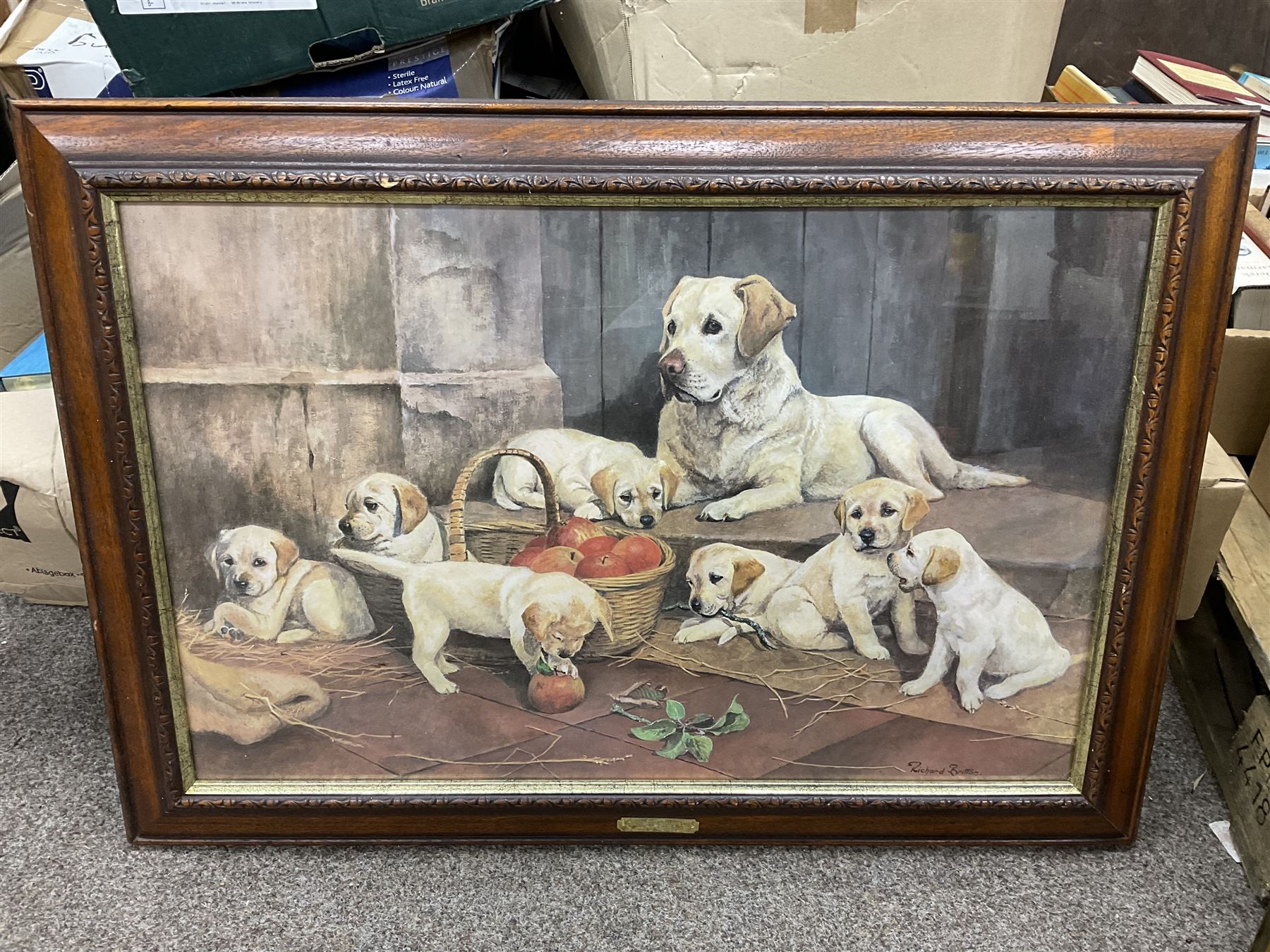 After P E Marshal (British 20th century), Car Outside Inn, water colour signed and dated; after Richard Britton (British) 'Mischief Makers' (golden labradors), colour print, together with three colour prints of dogs and embossed decorative bear scene (6) 