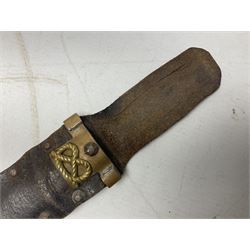 Scratch-built fighting/throwing knife, probably trench art, with 18cm steel spear type blade, plain cross-piece and French Lebel Rifle bayonet grip; in bras mounted studded leather sheath with belt hanger L29.5cm overall