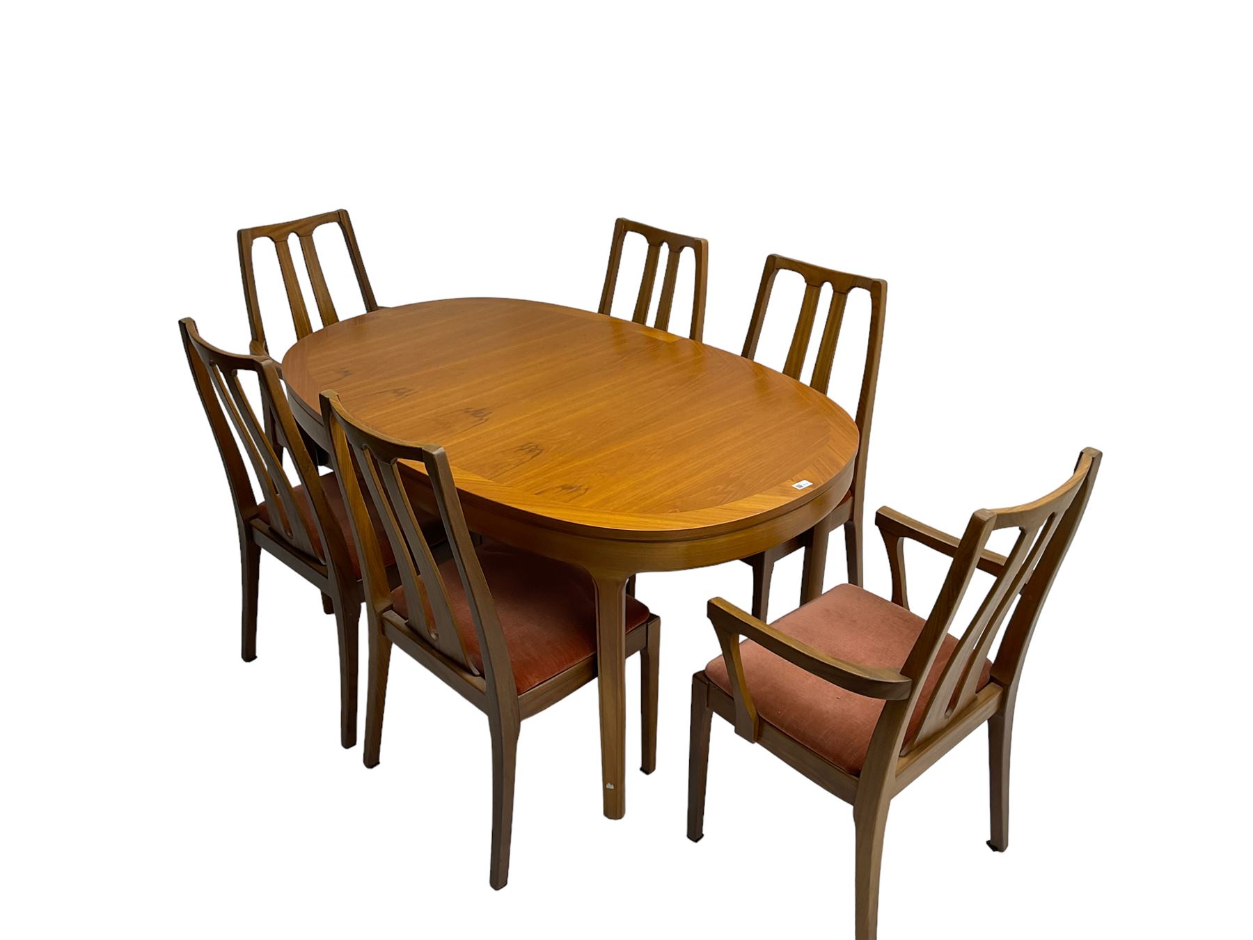 Nathan - mid-20th century teak oval extending dining table (W152cm D99cm H75cm); and Nathan - set six (4+2) mid-20th century teak high slat-back chairs, seats upholstered in light red fabric (W55cm H96cm)