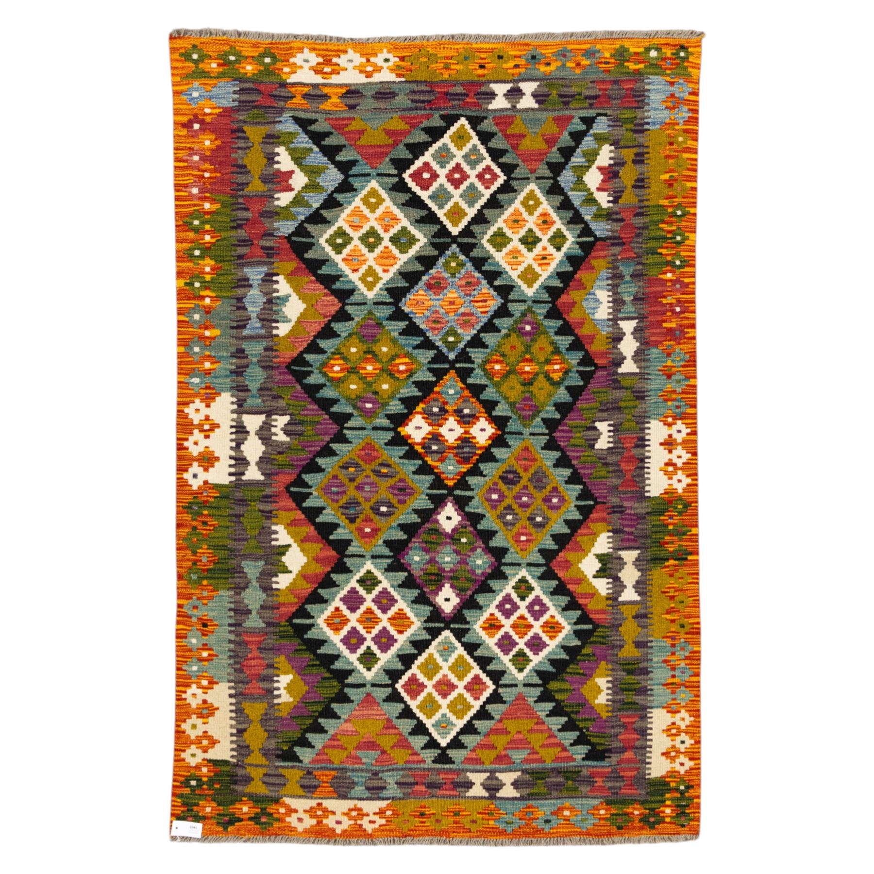 Afghan Maimana flatweave kilim runner, central field features large bold nested diamond motifs and stylized geometric lozenge patterns on olive purple, ochre, blue, and green tone ground, border stripe in orange tones with fringe