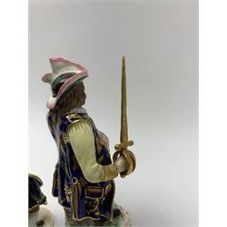19th century Stevenson & Hancock Derby figure, 1863-1866, modelled as James Quinn as Falstaff with gilt sword and shield, upon a gilt detailed scrolling base, with painted mark beneath, H19.5cm, together with an early 19th century Derby figure, circa 1806-1825, modelled as a stout portly gentleman, with painted mark beneath, H10cm