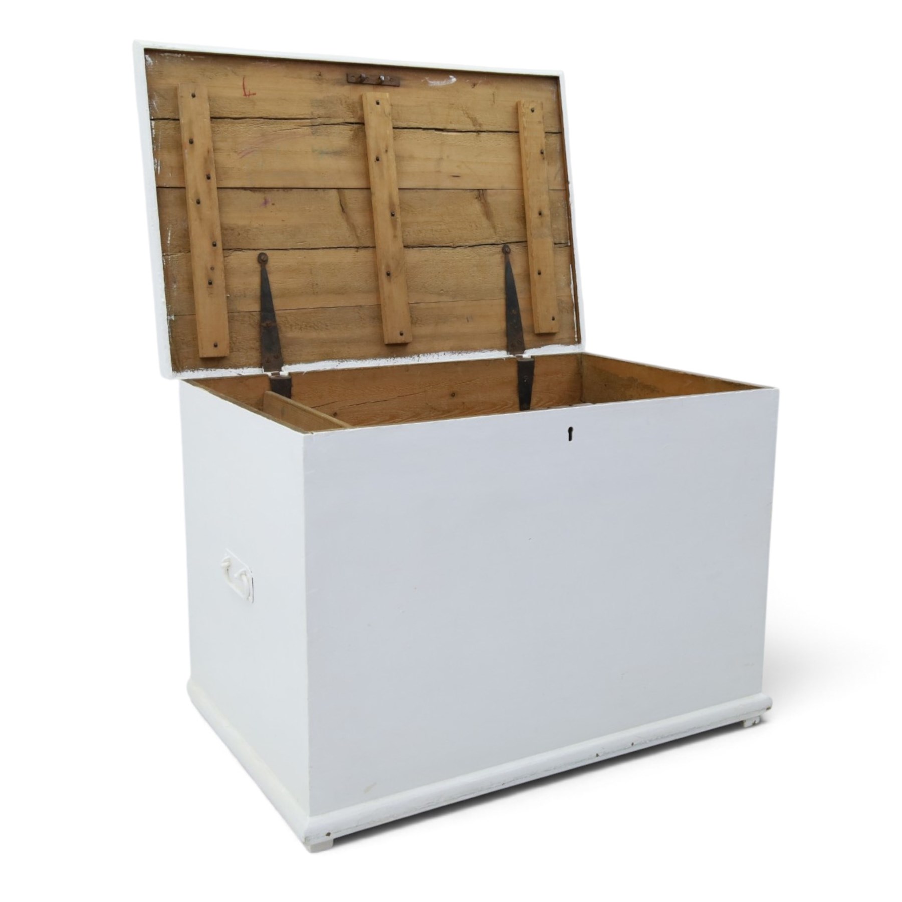 Victorian white painted pine blanket chest, with iron strap hinges, with fitted candle box, metal carrying handles