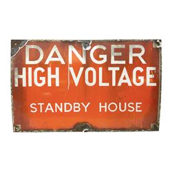 Danger High Voltage, Standby House enamel sign, with white lettering on red ground, H38cm W60.5cm
