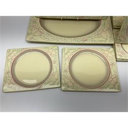 Clarice Cliff Biarritz part dinner set, circa 1930, for Royal Staffordshire, of rectangular form, decorated with bluebells, to include one serving plate, six dinner plates, three side plates, etc, printed mark beneath with reg no 784849 (17)