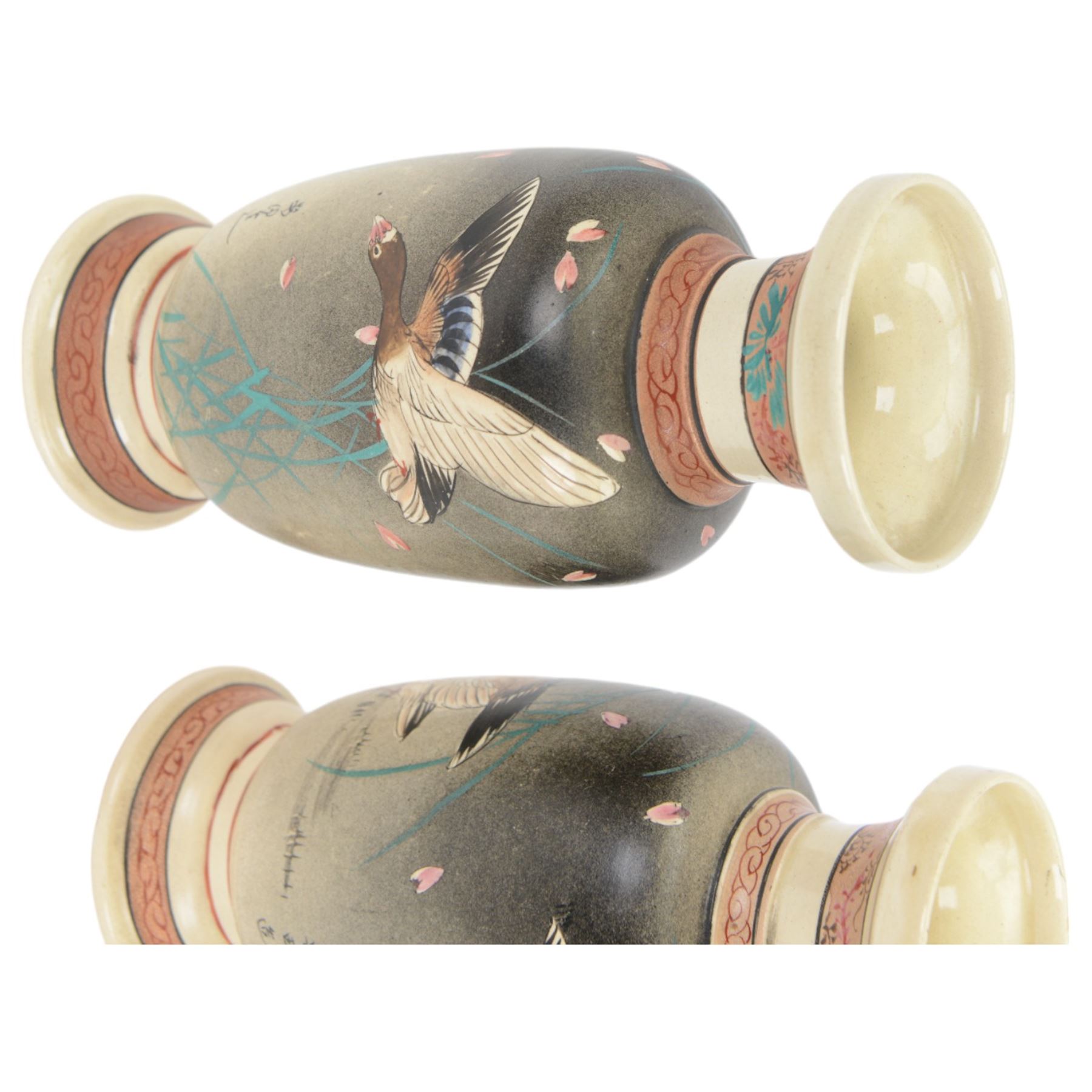 Pair of 20th century Japanese export vases, of baluster form, each   painted with geese upon a mottled brown ground, H25.5cm