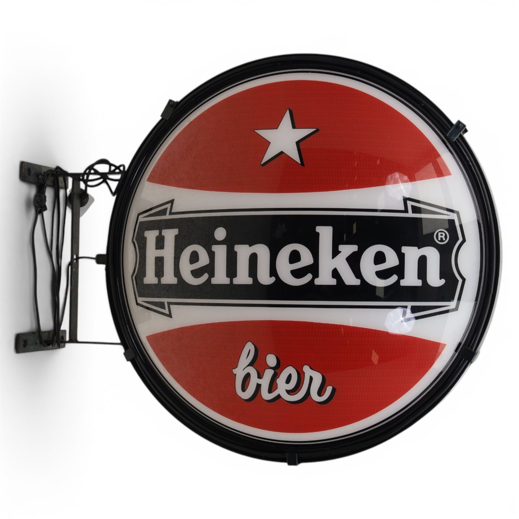 Heineken Bier Advertising sign - circular convex backlit logo, on cast metal bracket