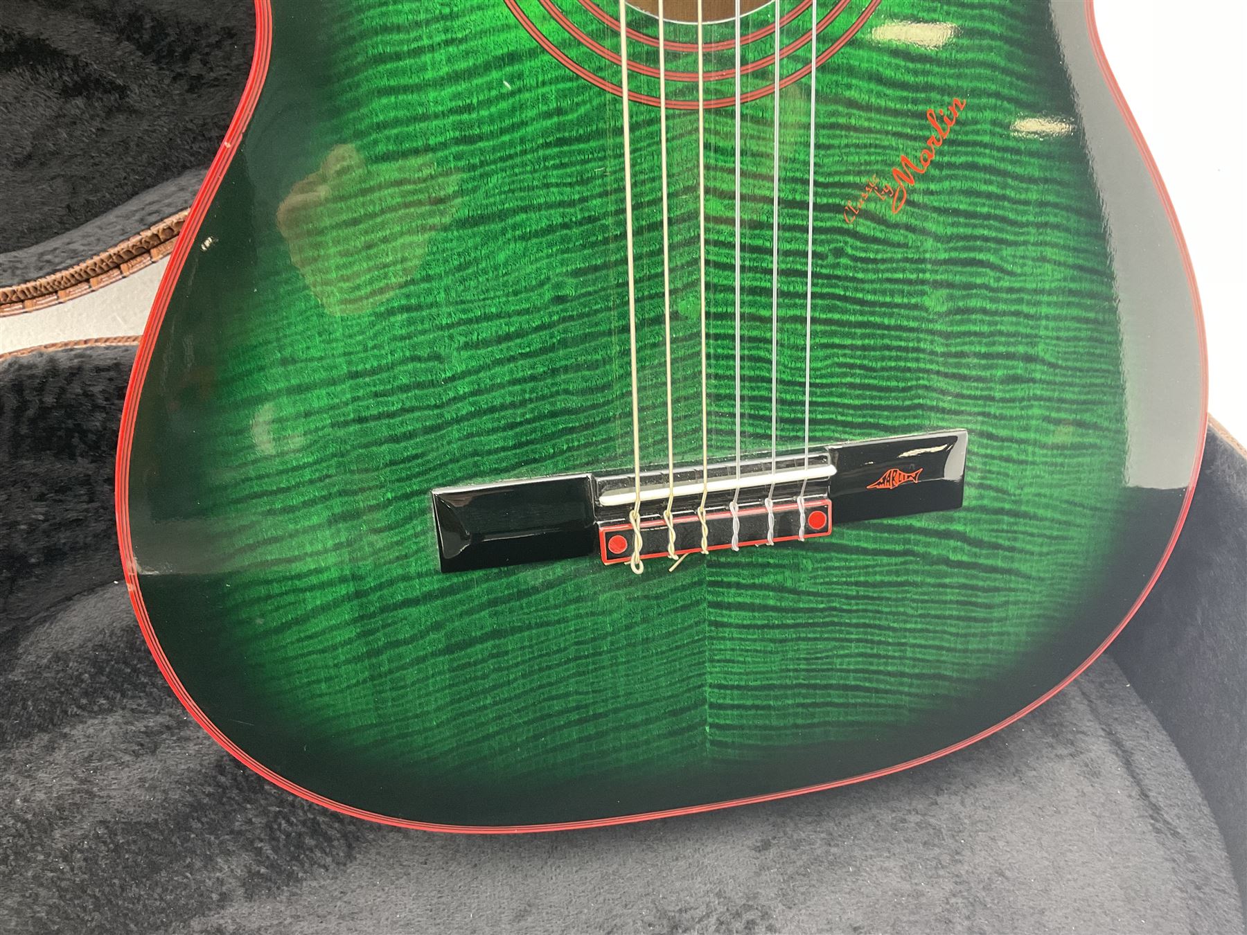 Marlin Classic acoustic guitar model MC1 in green and red L100cm; in simulated reptile skin hard carrying case