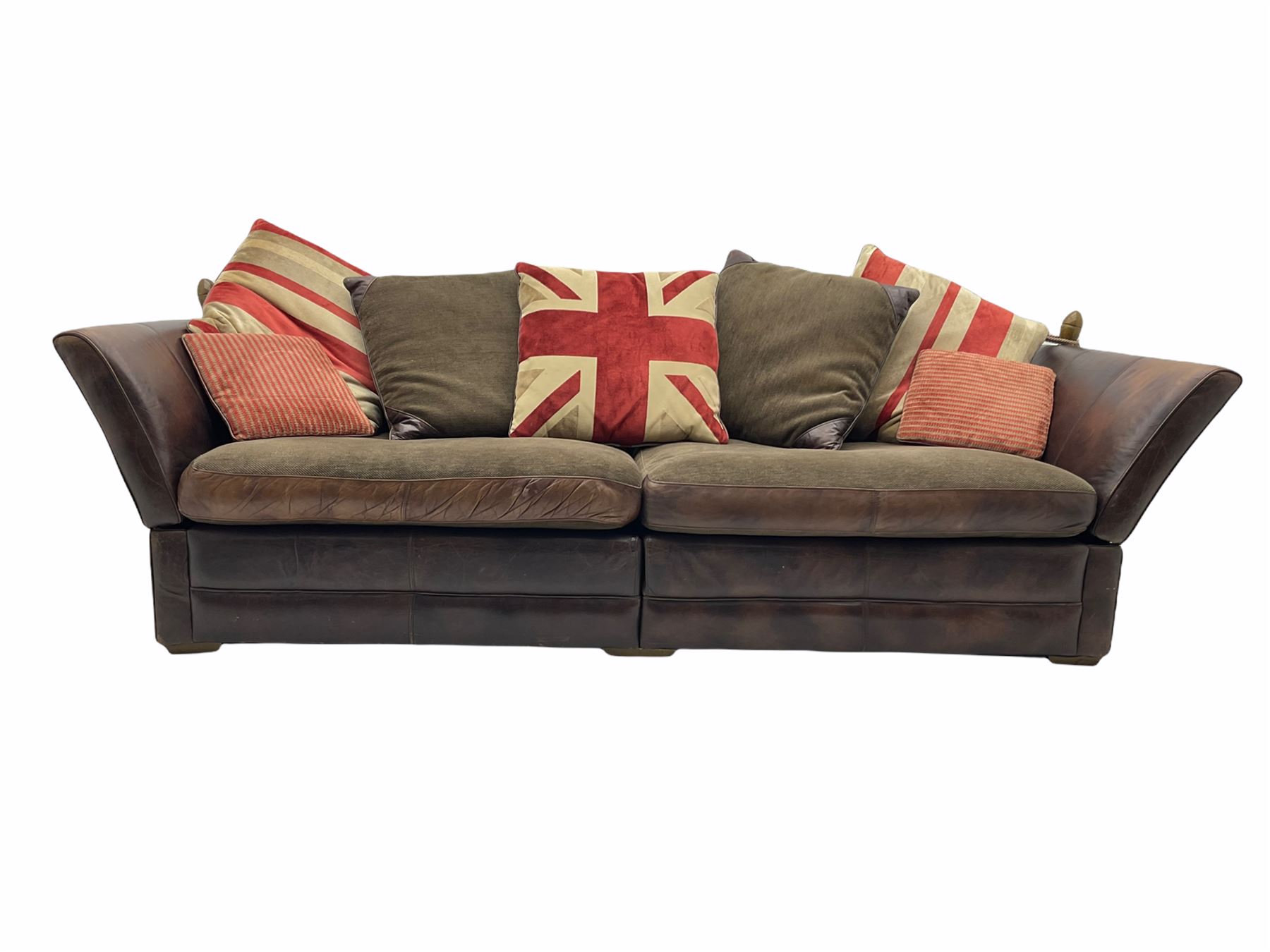 Knowle style grand drop arm sofa, upholstered in antique tan leather and fabric with contrasting scatter cushions